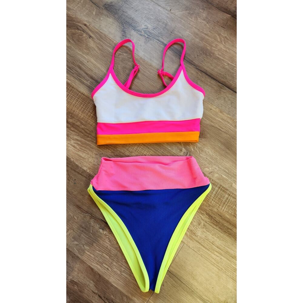 Beach Riot Emmy Bikini Hot Pink White Yellow Blue Small Top Bottom 2 Pc Swim
